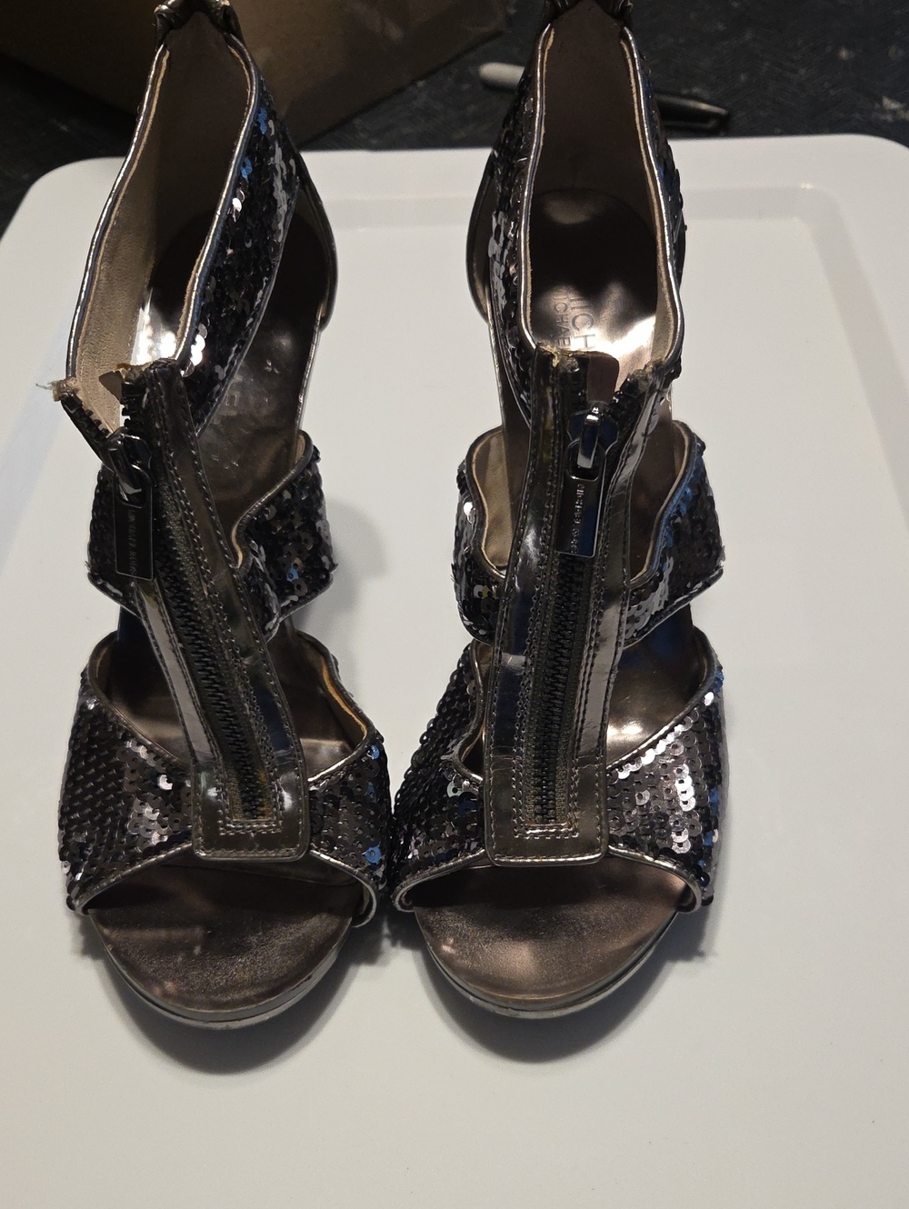 Michael Michael Kors Sequin T-Strap High Heel Sandals - Metallic Gray
